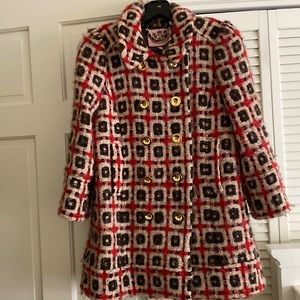 Vintage Juicy Couture coat in unique checkered red and brown print design.
